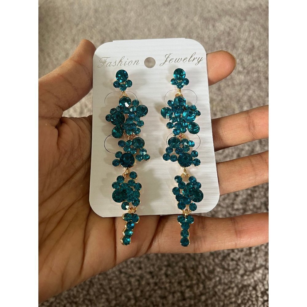 Teal earrings , teal blue  crystal earrings , long rhinestone , teal wedding